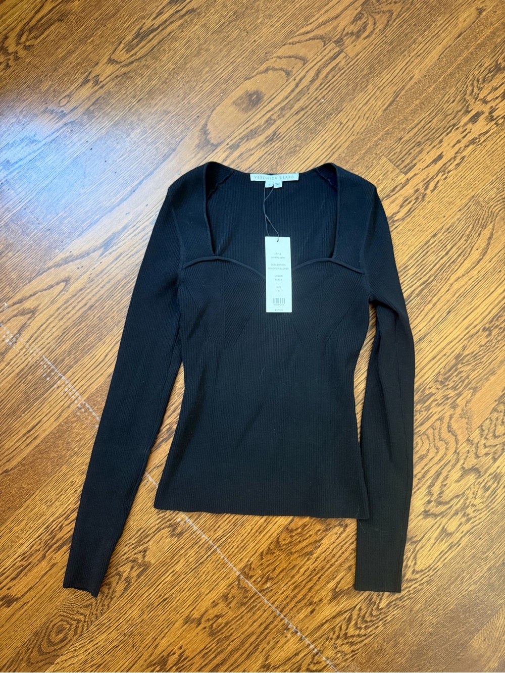 Veronica Beard Black Long-Sleeve Ribbed Sweetheart Top